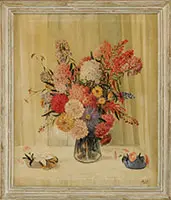 Henry Hammond Ahl, Spring Bouquet, Oil on canvas still life scene shows a vase filled with colorful flowers on a linen topped table with curtain background