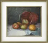 Oscar Durand, Still Life with Apples, Oranges and Basket, Oil on masonite still life scene shows three apples and two oranges next to a picking basket on its side