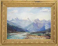 Leonard Moore Davis, Alaskan Mountain Range, Oil on canvas panoramic view of snow peaked mountain range under light blue and white clouded sky
