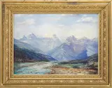 Leonard Moore Davis, Alaskan Mountain Range, Oil on canvas panoramic view of snow peaked mountain range under light blue and white clouded sky