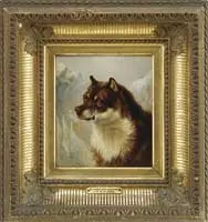 Dr by William Jacob Hays, Jr., HAYS’ DOG OSSISUAG”. Oil on canvas portrait of a brown and white dog having snow covered mountain peak background, offered Aug 2012