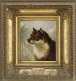 William Jacob Hays, Jr., Dr, HAYS’ DOG OSSISUAG”. Oil on canvas portrait of a brown and white dog having snow covered mountain peak background
