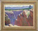 Joel J. Leavitt, Black Canyon – 1918, Oil on board Western scene shows a deep canyon in a plain leading through mountains