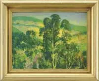 George Henry Melcher, California Hills, Oil on board summer scene shows a green & yellow hillside with foreground trees