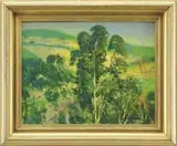 George Henry Melcher, California Hills, Oil on board summer scene shows a green & yellow hillside with foreground trees