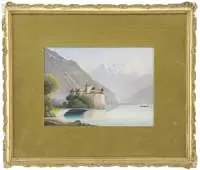 Signed, Lakeside Castle, Gouache