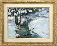 Snow Bound Brook by John J. Redmond, Oil on canvas Winter scene shows a curving brook with snow covered banks and trees with snow covered branches, offered Aug 2012