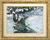 John J. Redmond, Snow Bound Brook, Oil on canvas Winter scene shows a curving brook with snow covered banks and trees with snow covered branches