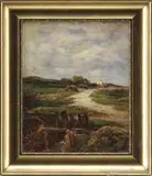 Unsigned, Courseulles, Oil on canvas Barbizon-style landscape shows a dirt road winding to a house under blue and colorful cloud sky