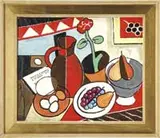 Marcel Caron, Modern Abstract Still Life, Oil on canvas bright color scene shows a table top set with pitcher, bowls of fruit and flower in pot