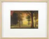 Michael H. Lewis, Deep Roots, Old Strength #11, Oil wash on paper landscape scene shows tall trees on grass area with a backdrop of a colorful sunset