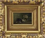 Leon Jacobus Maenhout, Mischief Puppy, Oil on panel scene shows two puppies playing next to an animal trap
