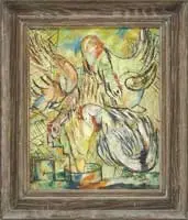 Feeding Time by Jurin, Oil on canvas scene shows hens and roosters vying for food in a small round dish. A colorful palette, offered Aug 2012