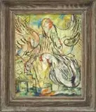 Jurin, Feeding Time, Oil on canvas scene shows hens and roosters vying for food in a small round dish. A colorful palette
