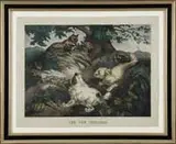 Printer Charles Hart, Thomas Kelly, Publisher “The Fox Fanciers, Handcolored lithograph shows three terriers in a landscape scene aim their sights on a red fox
