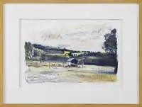Purple Barn in Landscape by Wolf Kahn, Limited edition lithograph shows a barn with fenced field looking on to low hill with fields and trees, offered Aug 2012