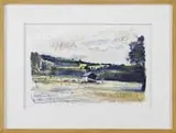 Wolf Kahn, Purple Barn in Landscape, Limited edition lithograph shows a barn with fenced field looking on to low hill with fields and trees