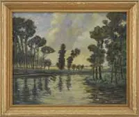Tree Lined Riverbank by John Albert Thorn, Oil on canvas Summer scene shows a river bend lined with tall trees, offered Aug 2012