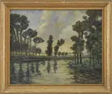 John Albert Thorn, Tree Lined Riverbank, Oil on canvas Summer scene shows a river bend lined with tall trees