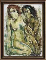 Burnett, Two Nudes, Oil on canvas scene shows two nude women kneeling against a white background