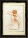 Unsigned, Nude Brushing Her Hair, Sanguine on paper study of a nude woman seated combing her hair