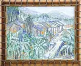 E. Paul, Buildings in a Lush Landscape, Oil on canvas scene shows a row of buildings nestled amongst palm & other trees with mountains beyond