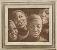 Joan Savo, Smiling Faces, Oil on masonite scene shows four smiling faces against a brown background