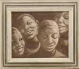Joan Savo, Smiling Faces, Oil on masonite scene shows four smiling faces against a brown background