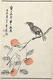 Hanging Scroll, China, Wu Qingxia, Untitled, Ink and color on paper, depicting a bird perched on persimmon branches