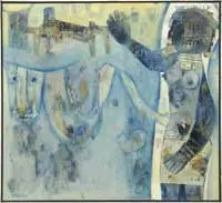 J. Sultan Ali, Muria Myth, Oil on canvas modernist scene shows a woman’s partially nude figure waving with abstract figures beside