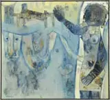 J. Sultan Ali, Muria Myth, Oil on canvas modernist scene shows a woman’s partially nude figure waving with abstract figures beside