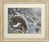 Washing at the River by G.D. Paulraj, Watercolor scene shows a boy and girl washing laundry at the edge of a river with rocks and grass bank, offered Aug 2012