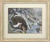 G.D. Paulraj, Washing at the River, Watercolor scene shows a boy and girl washing laundry at the edge of a river with rocks and grass bank
