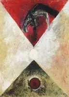 Vertical Abstract by Vijay Shinde, Oil on canvas abstract scene shows two opposing triangles separated by white disk, offered Aug 2012