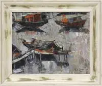 Si Chen Yuan, Boats in the Harbor, Oil on canvas board scene shows three boats, one near dock. Shadows being cast into the harbor