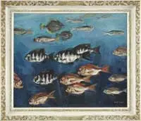 Tropical Fish by Nakijama, Oil on canvas scene shows five varieties of colorful fish swimming right to left and left to right, offered Aug 2012