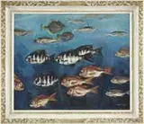 Nakijama, Tropical Fish, Oil on canvas scene shows five varieties of colorful fish swimming right to left and left to right