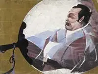 Signed, Samurai Fan, Oil laid on masonite scene shows a palm fan decorated with a Samurai warrior