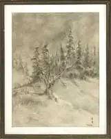 Winter Landscape by Tokiwa, Charcoal and graphite on paper scene shows a tree barren of leaves with other evergreens behind, offered Aug 2012