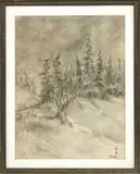 Tokiwa, Winter Landscape, Charcoal and graphite on paper scene shows a tree barren of leaves with other evergreens behind