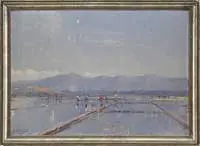 Leo Eland, The Rice Fields, Oil on board Indonesian scene shows workers planting rice fields with a mountain backdrop under blue sky