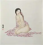 Hanging Scroll, China, Gao Bo, Untitled, Ink and color on paper, depicting a seated nude lady