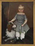 Unsigned, Young Boy in Blue/Grey Dress with Dog Holding a Garland of Flowers, Oil on canvas