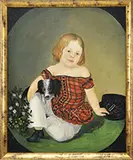 Unsigned, Portrait of a Child in Plaid Dress with Dog, Hat & Flowers, Oil on canvas