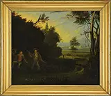 Unsigned, Landscape with Two Boys Fishing, Oil on wood panel