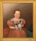Unsigned, Portrait of a Young Boy Holding a Cat, Oil on canvas mounted to masonite