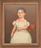 Unsigned, Portrait of a Young Child in White Dress Seated in a Red Chair, Oil on canvas
