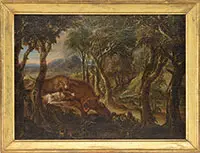 Old Master, Pair of Landscapes with Hunting Dogs, One with Boar and One with Bear, Oil on canvas