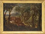 Old Master, Pair of Landscapes with Hunting Dogs, One with Boar and One with Bear, Oil on canvas