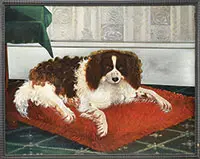 Unsigned, Portrait of a King Charles Spaniel on a Red Pillow, Oil on canvas